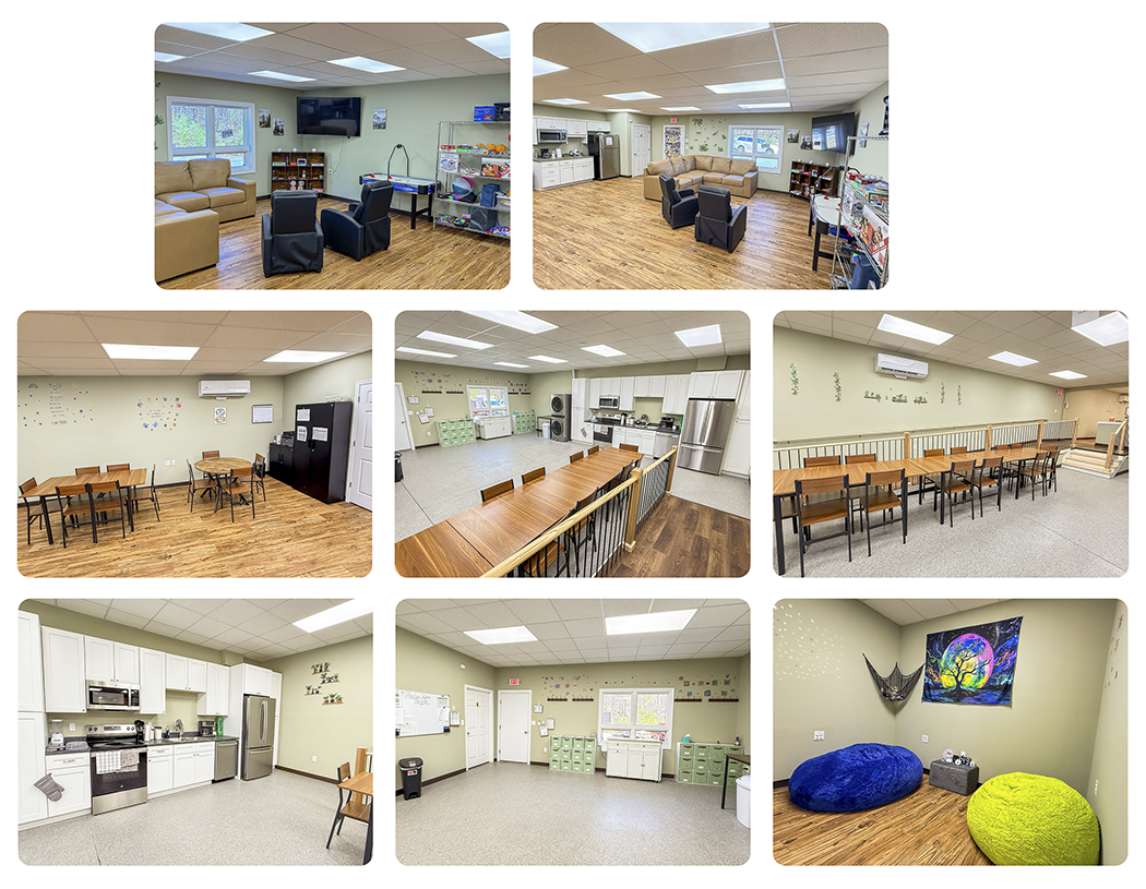 Gallery of images showing the inside of the Madison Heights Star Center including a room with sectional and black recliners, kitchenette, room with several tables and chairs, view down ramp into large room with kitchen, room with long dining table, kitchen cabinets, open room with storage and washer/dryer, and small sensory room with blue and neon green bean bag chairs.